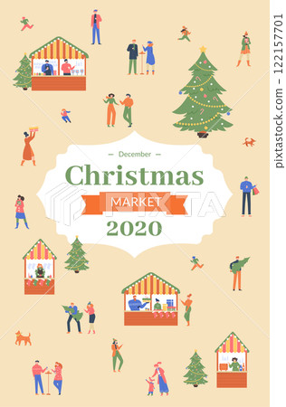Tiny people walking, buying gifts, drinking and eating at Christmas market with decorated Christmas trees and wooden stalls, festive winter fair in December 2020 122157701
