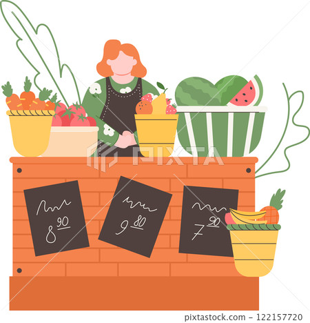 Female greengrocer standing behind her stall selling fresh fruit and vegetables like carrots, tomatoes, watermelons, strawberries, oranges and bananas, with price tags hanging on the brick wall 122157720