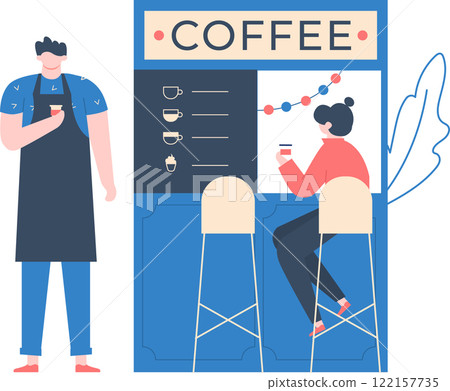 Barista holding a steaming coffee cup while a customer sits at the counter, savoring a drink in a cozy coffee shop, capturing the lively atmosphere of cafe culture and social interaction Barista holding a steaming coffee cup while a customer sits at the counter, savoring a drink in a cozy coffee shop, capturing the lively atmosphere of cafe culture and social interaction 122157735