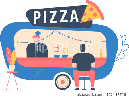 Chef serving a customer ordering pizza at a food truck selling takeaway food decorated with string lights and a slice of pizza, promoting street food and small business Chef serving a customer ordering pizza at a food truck selling takeaway food decorated with string lights and a slice of pizza, promoting street food and small business 122157736