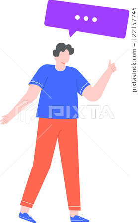 Young man making a gesture with his thumb up and a purple speech bubble with suspension points above his head, expressing his agreement or approval 122157745