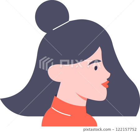 Minimalist vector illustration representing the profile of a female character with long dark hair tied in a bun, wearing a red turtleneck, useful for avatars or social media 122157752