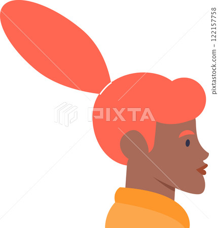 Profile of a young black woman with vibrant red and orange dyed hair, gazing to the right side, presented as a simple, flat vector illustration set against a clean white background 122157758
