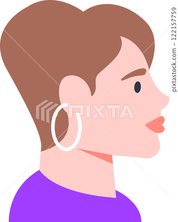Side view portrait of confident young woman with short brown hair, wearing large hoop earrings and a purple shirt, representing modern style and individuality Side view portrait of confident young woman with short brown hair, wearing large hoop earrings and a purple shirt, representing modern style and individuality 122157759