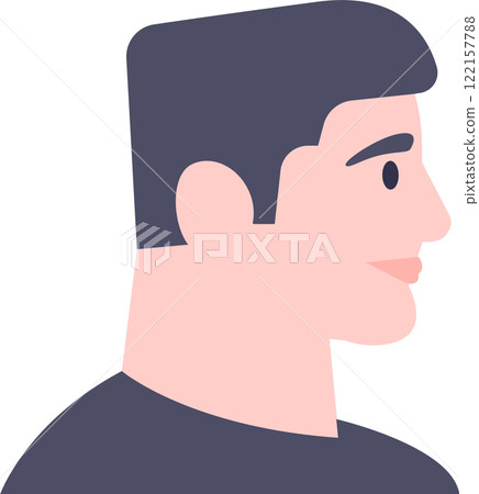 Profile view portrait of a young man gazing to the right, featuring a neutral expression. Simple flat vector illustration set against a clean white background 122157788