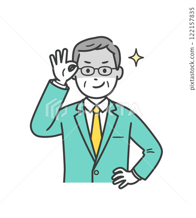 一位年長的男性商人舉起眼鏡，狡猾地笑 122157835