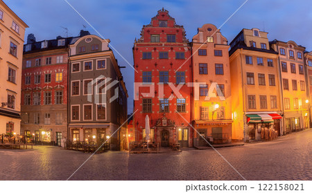 Old colorful houses on Stortorget square at night, Stockholm, Sweden 122158021