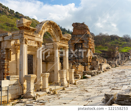 Ruins of ancient temple of Hadrian in Ephesus, Turkey 122158253