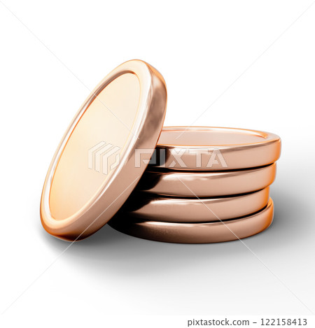 Shiny Gold Coins Stacked Against a White Background in a Close-Up View 122158413