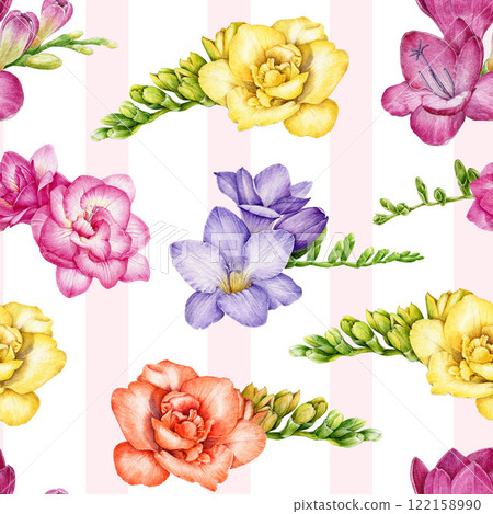 Freesia flowers elegant seamless pattern decor. Hand drawn spring season blooming flowers watercolor illustration. Freesia blossoms seamless pattern perfect for floral design decoration 122158990