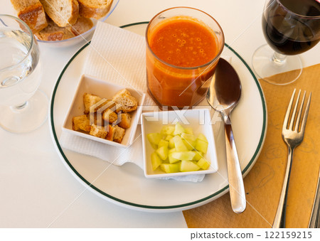 Tomato soup Gazpacho - traditional dish of Spanish cuisine closeup Tomato soup Gazpacho - traditional dish of Spanish cuisine closeup 122159215