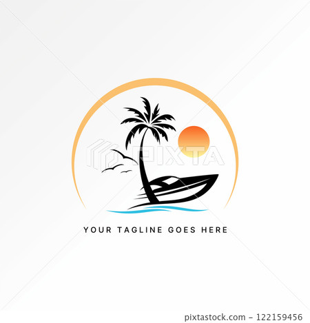 Logo design graphic concept creative premium vector stock image graphic palm boat bird wave sunset island travel tourism to yacht surf exotic paradise 122159456