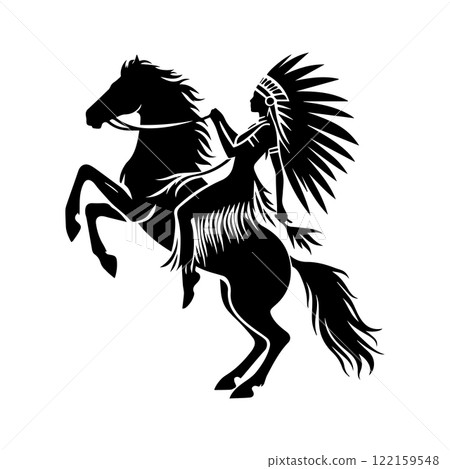 chief horse rider logo vector, American indian chief horse rider vector illustration, American indian chief horse rider silhouette vector black and white 122159548