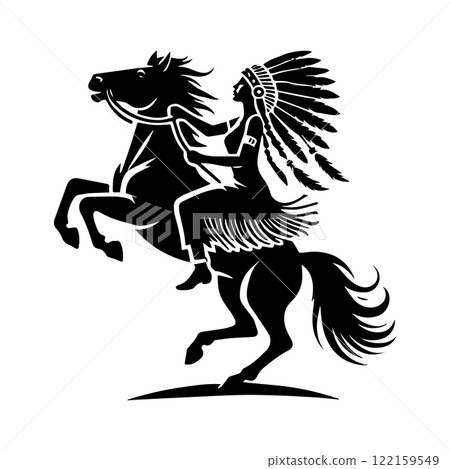 chief horse rider logo vector, American indian chief horse rider vector illustration, American indian chief horse rider silhouette vector black and white 122159549