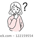 Minimalist duotone illustration of a curious girl in a polka-dot sweater with a question mark 122159554