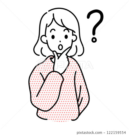 Minimalist duotone illustration of a curious girl in a polka-dot sweater with a question mark Minimalist duotone illustration of a curious girl in a polka-dot sweater with a question mark 122159554