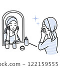 Minimalist duotone illustration of a young woman doing skin care in front of the mirror. Self care concept 122159555