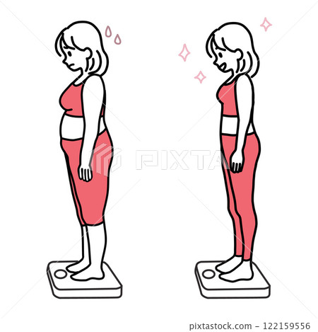 Minimalist duotone illustration of a young woman standing on the scale, comparing before and after weight loss 122159556