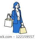 Minimalist duotone illustration of an elegant woman in blue suit holding shopping bags. Simple kawaii line art. 122159557