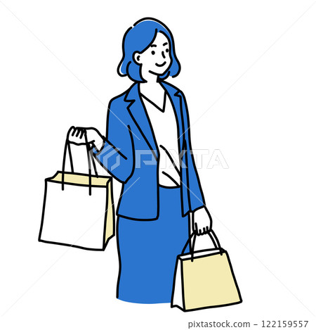 Minimalist duotone illustration of an elegant woman in blue suit holding shopping bags. Simple kawaii line art. 122159557