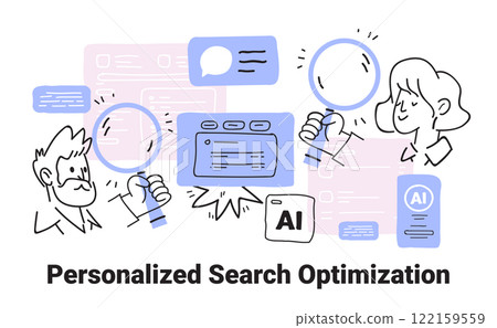 Personalized search optimization AI concept people using magnifying glasses analyzing data minimalist sketch style web design template 122159559