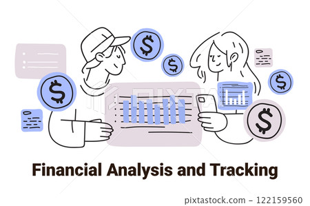 Financial analysis and tracking concept illustration featuring two people reviewing charts and graphs with dollar symbols in a minimalist hand drawn style Financial analysis and tracking concept illustration featuring two people reviewing charts and graphs with dollar symbols in a minimalist hand drawn style 122159560