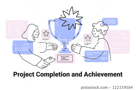 Project completion and achievement concept featuring two people celebrating with a trophy surrounded by stars in a minimalist sketch style Project completion and achievement concept featuring two people celebrating with a trophy surrounded by stars in a minimalist sketch style 122159584