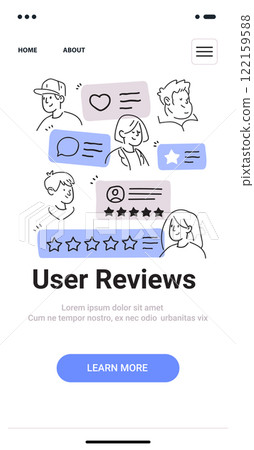 User reviews concept with hand drawn sketches of people and rating icons in a minimalist style. Mobile app screen design 122159588