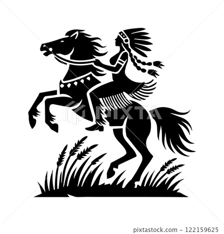 indian chief horse rider logo vector, American indian chief horse rider vector illustration, American indian chief horse rider silhouette vector black and white 122159625