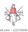 Stylish minimalist duotone illustration of a fashionable happy woman with shopping bags 122159646