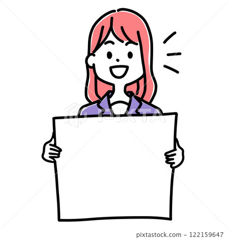 Minimalist duotone illustration of office woman smiling and holding a blank message board. Simple kawaii line art. Minimalist duotone illustration of office woman smiling and holding a blank message board. Simple kawaii line art. 122159647