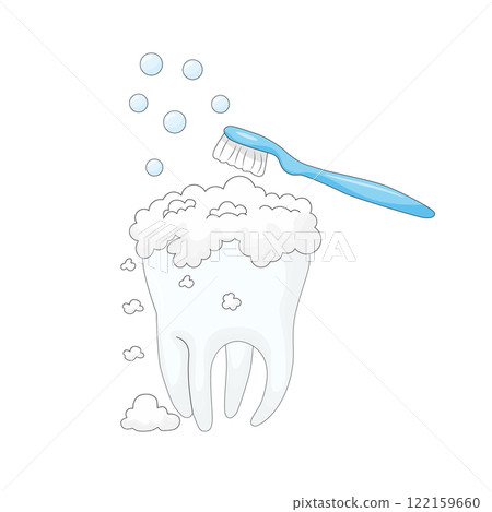 white background, personal hygiene procedure for cleaning the surface of the teeth from food debris and soft plaque, performed with a blue toothbrush and toothpaste 122159660