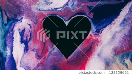 Heart ink ornament. Shimmering paint. Defocused red blue multicolor particles black shape frame texture spill on abstract art romantic background. 122159661