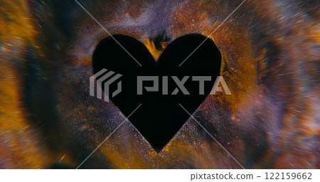 Sparks ink. Heart paint. Defocused purple yellow multicolor light flare black shape love frame texture spill on abstract art romantic background. 122159662
