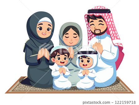 Muslim family, father, mother, and child dressed in traditional attire including hijab, kneeling together on prayer rugs as they perform their prayers. 122159718