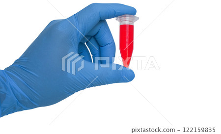 A gloved hand holding a red liquid in a microcentrifuge tube against a white background. 122159835