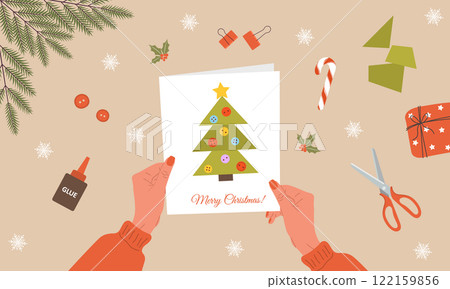 Craft Christmas tree. Girl making Holiday greeting card from paper. DIY New Year decoration. Cozy home atmosphere, family time. Top view. Cartoon vector illustration Craft Christmas tree. Girl making Holiday greeting card from paper. DIY New Year decoration. Cozy home atmosphere, family time. Top view. Cartoon vector illustration 122159856