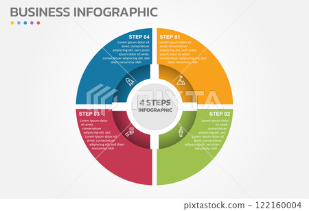 Visual data presentation. Cycle diagram with 4 options. Pie Chart Circle infographic template with 4 steps, options, parts, segments. Business concept. Marketing infographic vector illustration. 122160004