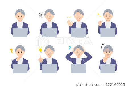 A set of senior women and elderly people with various expressions and poses while looking at a computer [People vector illustration material] 122160015