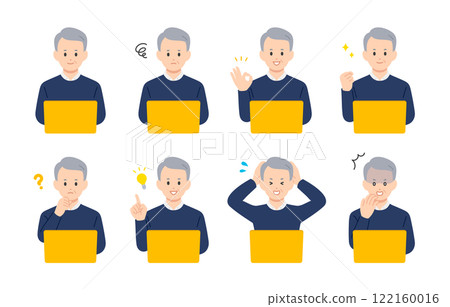 A set of senior men and elderly people with various expressions and poses while looking at a computer [People vector illustration material] 122160016