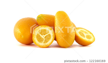 Fresh kumquats showing pulp and peel on white background 122160169