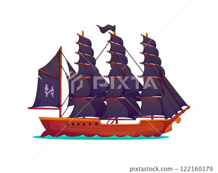 Corsair pirate historical brigantine sail ship. Corsair ancient brigantine vessel. Filibuster historical caravel ship isolated vector or privateer antique frigate sailboat with crossed bones on sail 122160179