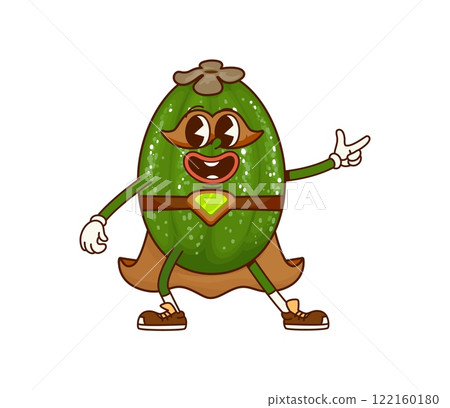 Groovy feijoa fruit superhero character. Cartoon vector tropical fruit personage with superpowers, wearing cape and mask stands with finger gun gesture. Funny cheerful fairytale healthy food defender Groovy feijoa fruit superhero character. Cartoon vector tropical fruit personage with superpowers, wearing cape and mask stands with finger gun gesture. Funny cheerful fairytale healthy food defender 122160180