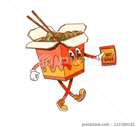 Groovy Asian noodles box or retro cartoon hippie fast food vector character. Groovy Chinese noodles box with funny face, happy whistling with hot sauce and chopsticks as funky fast food character Groovy Asian noodles box or retro cartoon hippie fast food vector character. Groovy Chinese noodles box with funny face, happy whistling with hot sauce and chopsticks as funky fast food character 122160182
