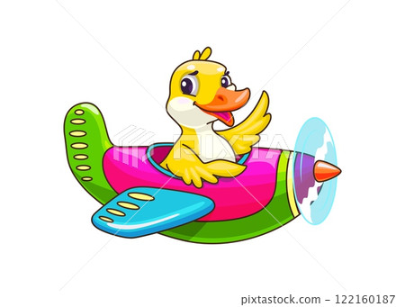 Baby duck pilot on plane, cartoon animal character, vector funny personage for kids. Happy duck pilot flying in colorful propeller airplane and waving Hi or Goodbye for kids zoo animals on planes 122160187