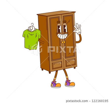 Cartoon groovy wardrobe furniture character holding a green shirt on a hanger and making a friendly waving gesture with expressive eyes, a big smile, and wearing sneakers, conveying playful retro vibe Cartoon groovy wardrobe furniture character holding a green shirt on a hanger and making a friendly waving gesture with expressive eyes, a big smile, and wearing sneakers, conveying playful retro vibe 122160195