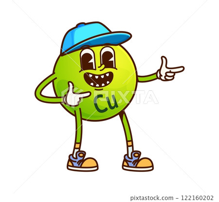 Cartoon Copper or cuprum groovy vitamin character. Isolated vector Cu micronutrient retro personage wearing trendy baseball cap and giving finger gun gestures. Food supplement green funky bubble 122160202