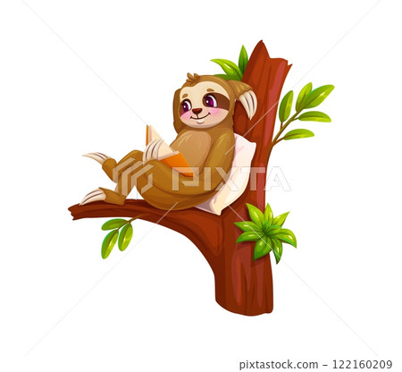 Cartoon lazy sloth animal, funny cute character reading a book, while lounging comfortably on a tree branch with a pillow, conveys a sense of relaxation, cuteness, leisure and love for reading 122160209