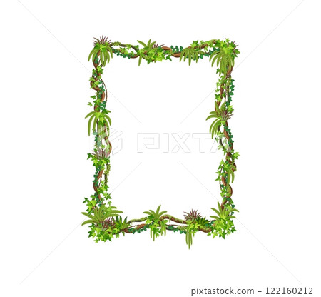 Jungle liana frame of tropical ivy or rainforest vine leaves, vector cartoon background. Liana vine or ivy leaf square frame with borders of monstera leaves, tropical creeping tree or jungle bindweed 122160212