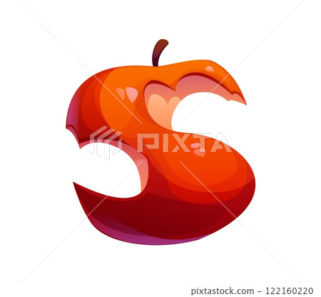 School education font apple core S letter. School kid snack cartoon English alphabet symbol, education creative isolated vector latin font letter or student study ABC typeset element 122160220